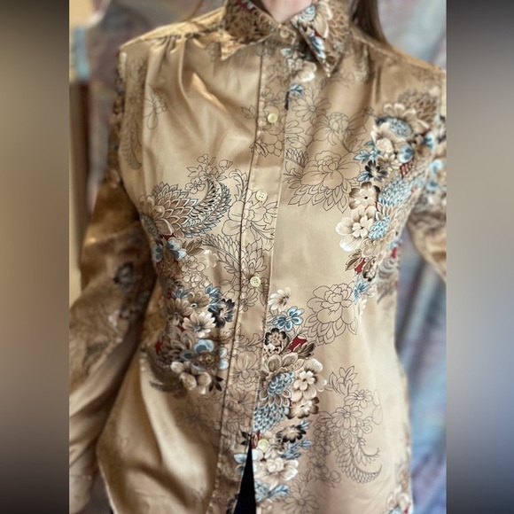 Vtg 70s Gold Floral button down blouse  Stuart Lang hippie neutral cottage RARE - Picture 1 of 9